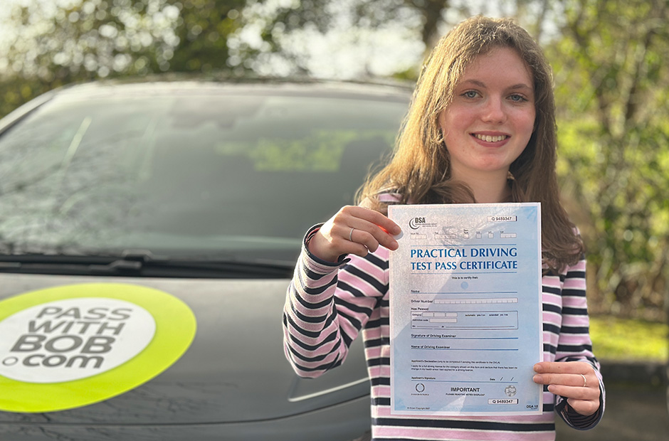 Anna Hyde-White with her Driving Test Pass Certificate
