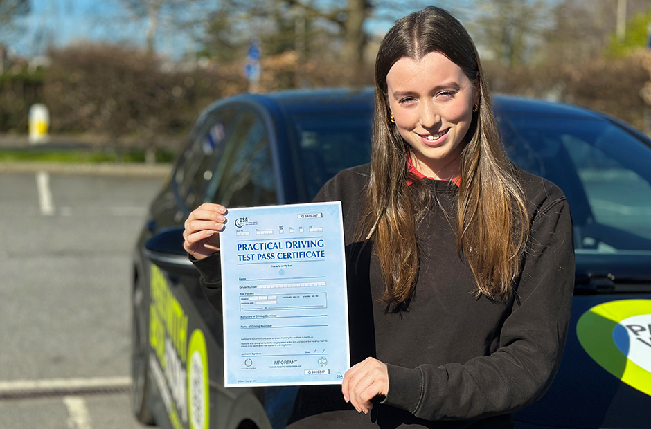 Flora Johnson with her Driving Test Pass Certificate