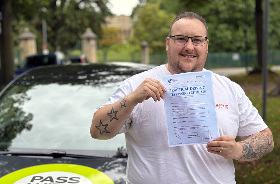 Jon Pring with his Driving Test Pass Certificate