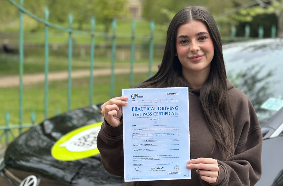 Kaitlin Price with her Driving Test Pass Certificate